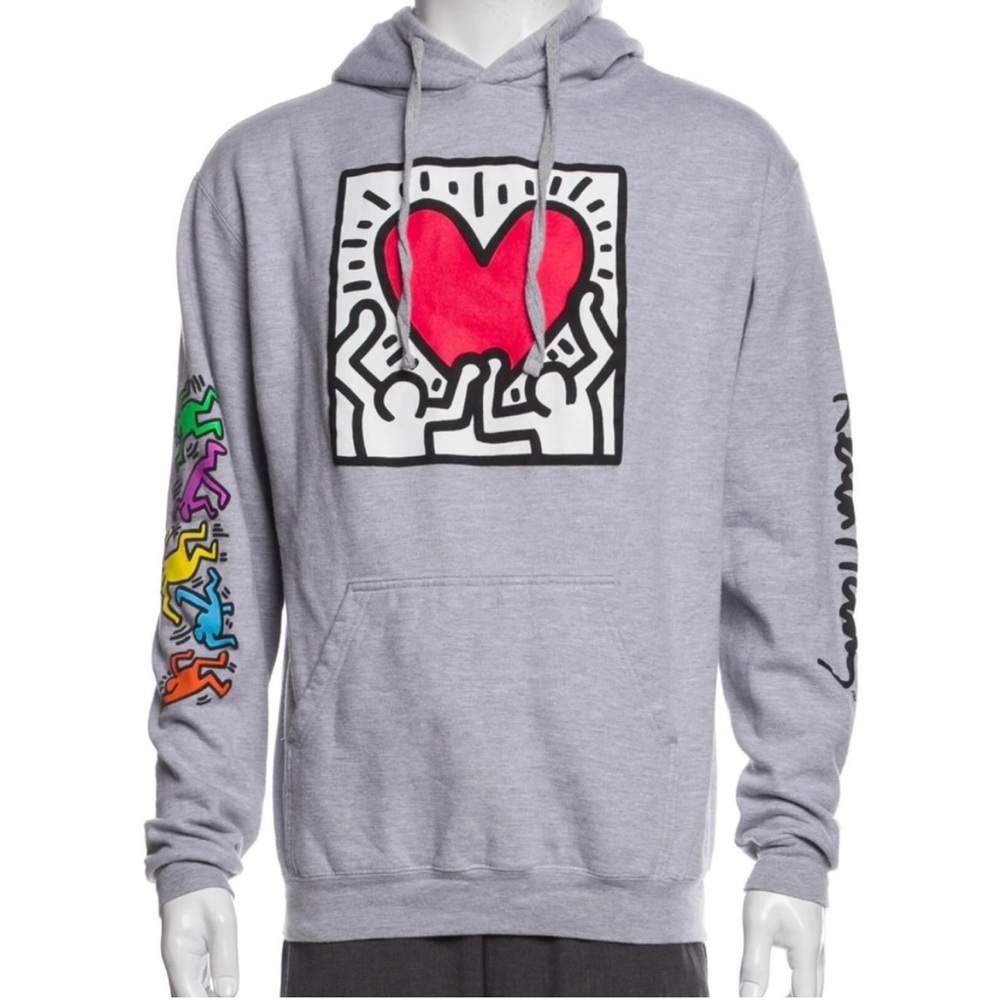 Keith Haring Gray Graphic Hoodie Large Heart Art Pullover Sweatshirt